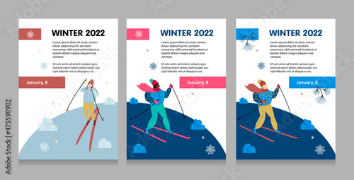 Winter Sport Skiing Poster set. Mountain landscape. Skier in motion Winter-time. Modern Sports template page. Active lifestyle invitation concept. Flat vector cartoon illustration.