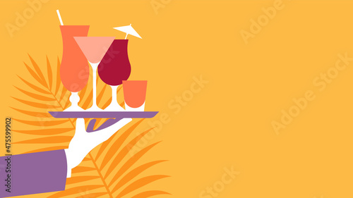 Summer cocktails concept. Waiters hand holds tray with different types of tropical cocktails. Palm leaf on the background. Vector illustration.