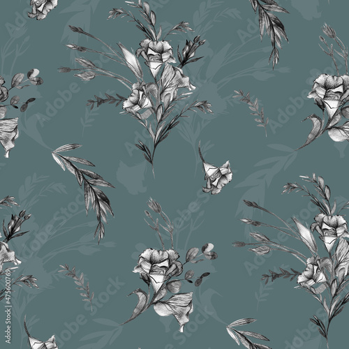 Botanical pattern with black and white eustoma flowers on a dark green background. Seamless pattern for girls and women dresses textile and surface design