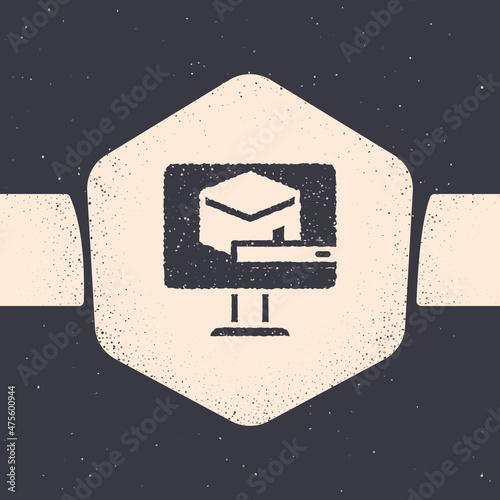 Grunge Kaaba mosque icon isolated on grey background. Kaaba hajj Mecca pray pilgrimage Ramadan Islam muslim mosque. Monochrome vintage drawing. Vector