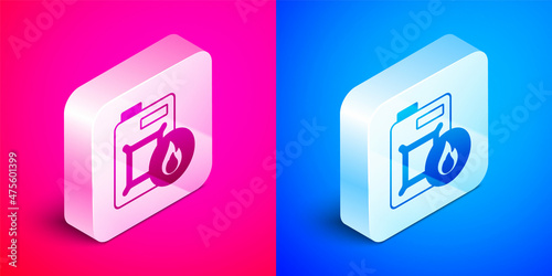 Isometric Canister for motor machine oil icon isolated on pink and blue background. Oil gallon. Oil change service and repair. Engine oil sign. Silver square button. Vector