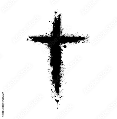 Canvas Hand drawn black grunge cross icon, simple Christian cross sign, hand-painted cross symbol created with real ink brush isolated on white background