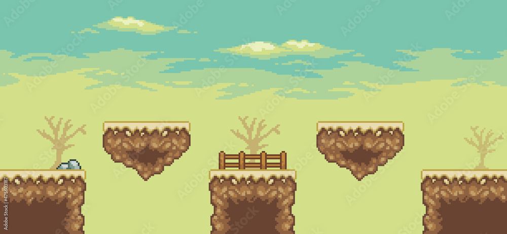 Pixel art desert game scene with floating island, palm tree, cactuses, tree 8bit background
