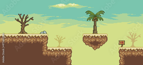 Pixel art desert game scene with floating island, palm tree, cactuses, tree 8bit background