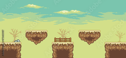 Pixel art desert game scene with floating island, palm tree, cactuses, tree 8bit background