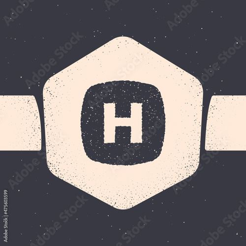 Grunge Hospital signboard icon isolated on grey background. Monochrome vintage drawing. Vector