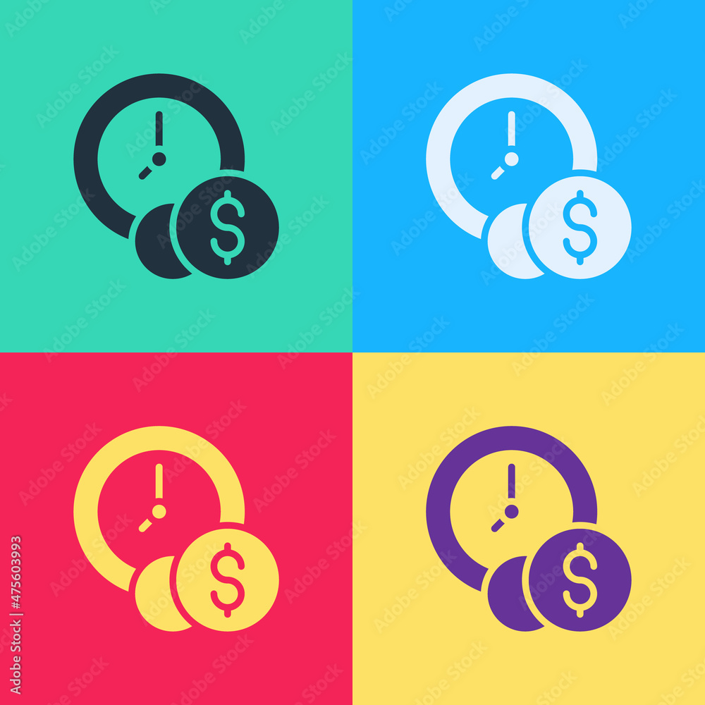 Pop art Time is money icon isolated on color background. Money is time. Effective time management. Convert time to money. Vector Pop art Time is money icon isolated on color background. Money is time. Effective time management. Convert time to money. Vector