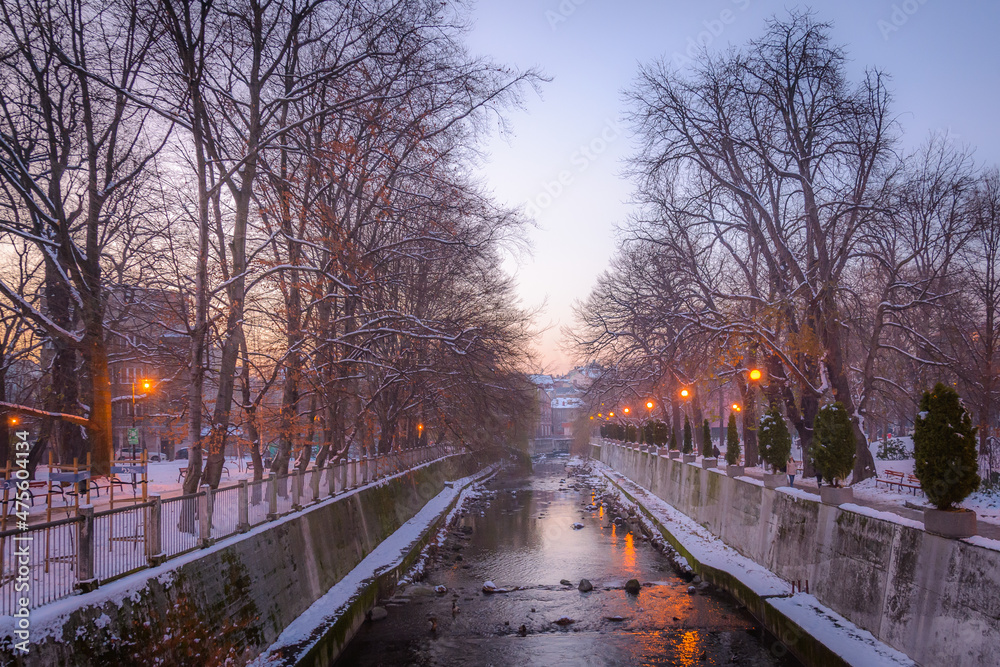 Rzeka Biała zimą - krzywy mostek przy Ratuszu - Bielsko-Biała - obrazy, fototapety, plakaty 