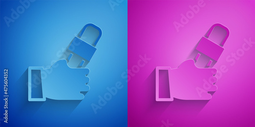 Paper cut Journalist hand holding microphones performing interview icon isolated on blue and purple background. Paper art style. Vector