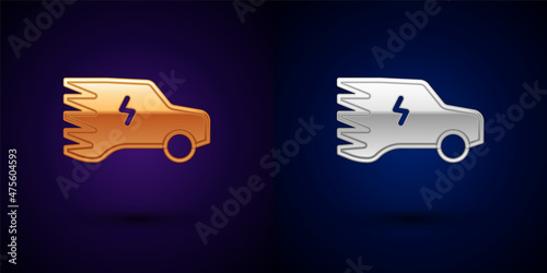 Gold and silver Electric car and electrical cable plug charging icon isolated on black background. Renewable eco technologies. Vector