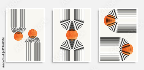 Set of abstract creative minimalist artistic hand drawn compositions. 20s geometric design posters with primitive shapes. Ideal for wall decoration, as postcard or brochure design, vector illustration