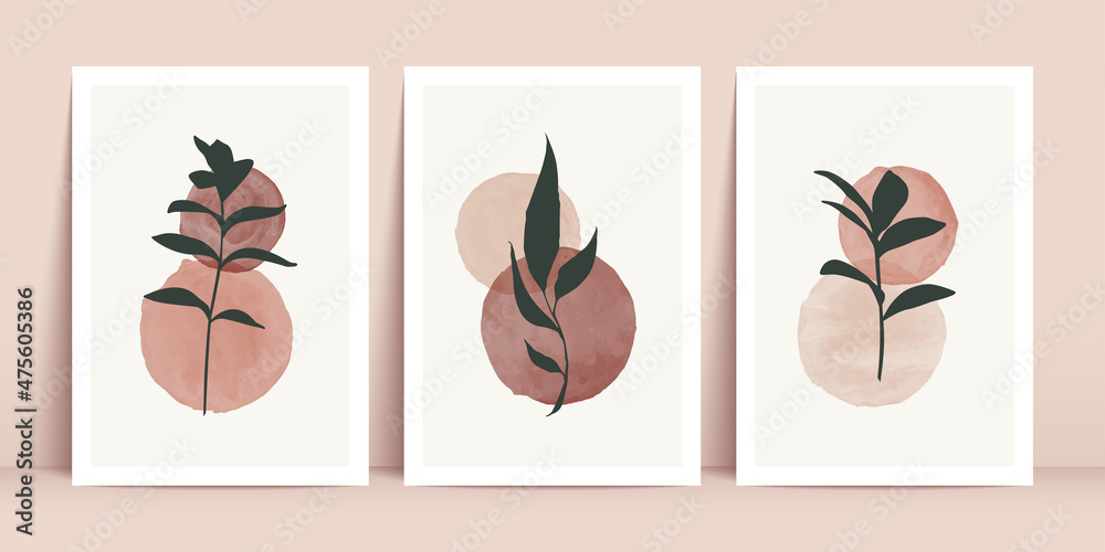 Botanical wall art vector set. Foliage line art drawing with abstract hand drawn shapes. Abstract Plant Art design for print, cover, wallpaper, Minimal and natural wall art. Vector illustration.