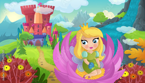 cartoon scene with nature forest princess and castle