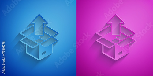 Paper cut Unboxing icon isolated on blue and purple background. Paper art style. Vector