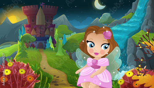 cartoon scene with nature forest princess and castle © honeyflavour
