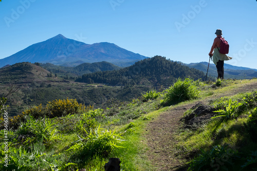 Paisaje con senderista en los montes de Tegueste en la isla de Tenerife, Canarias photo