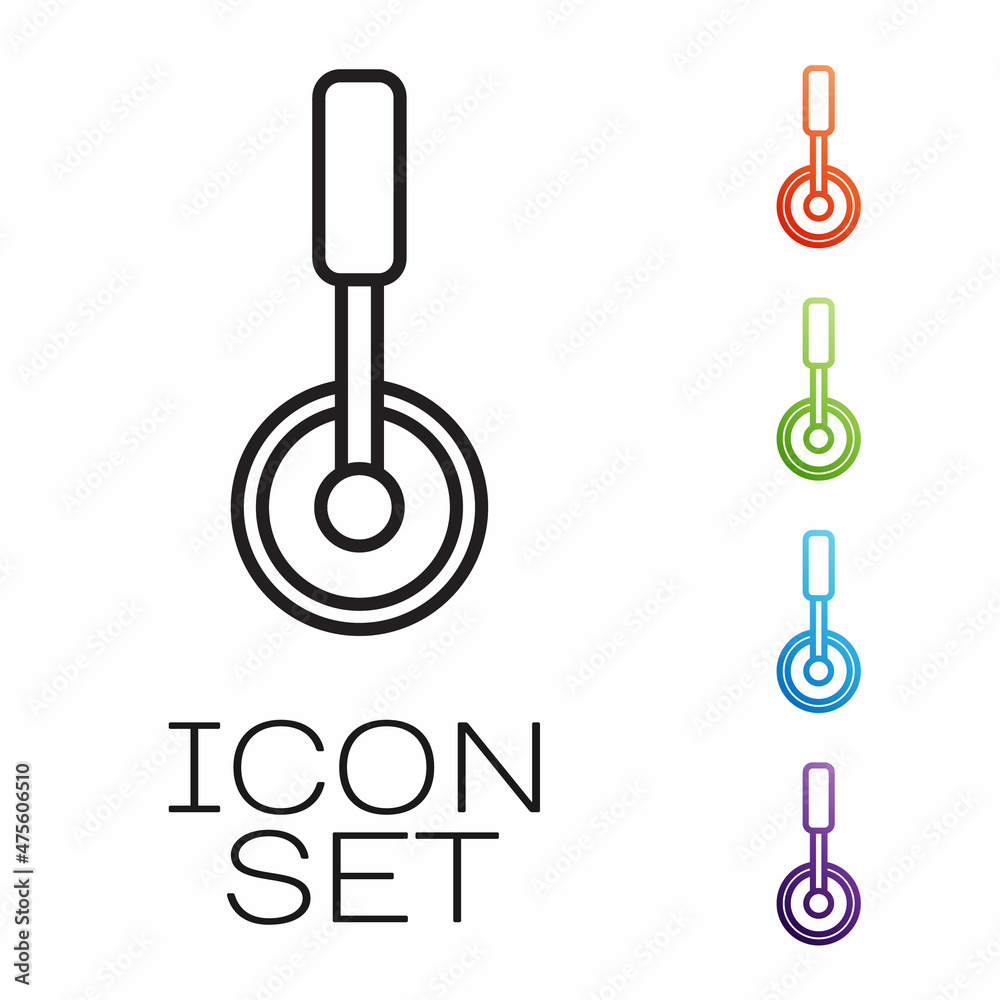 Black line Pizza knife icon isolated on white background. Pizza cutter sign. Steel kitchenware equipment. Set icons colorful. Vector Black line Pizza knife icon isolated on white background. Pizza cutter sign. Steel kitchenware equipment. Set icons colorful. Vector