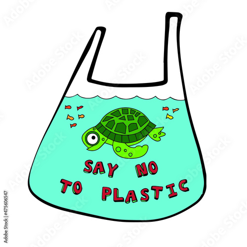 Turtle says no to plastic cartoon vector illustration doodle style