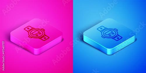 Isometric line Diving watch icon isolated on pink and blue background. Diving underwater equipment. Square button. Vector