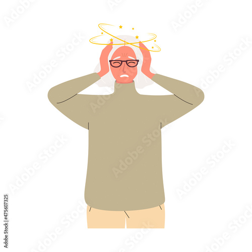 A flat vector illustration of an elderly woman who is dizzy. Dizziness and severe headache. Isolated design on a white background.
