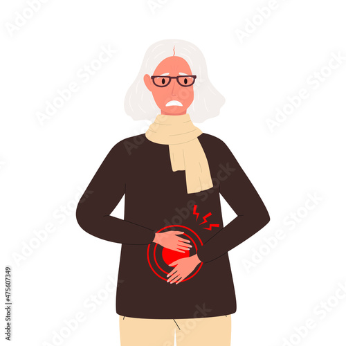 A flat vector cartoon illustration of a elderly woman experiencing pain or cramps in the abdominal area. Problems of the digestive system. Isolated design on a white background.