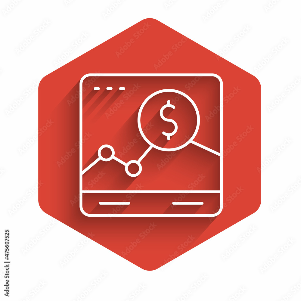 White line Website with stocks market growth graphs and money icon isolated with long shadow. Monitor with stock charts arrow on screen. Red hexagon button. Vector White line Website with stocks market growth graphs and money icon isolated with long shadow. Monitor with stock charts arrow on screen. Red hexagon button. Vector