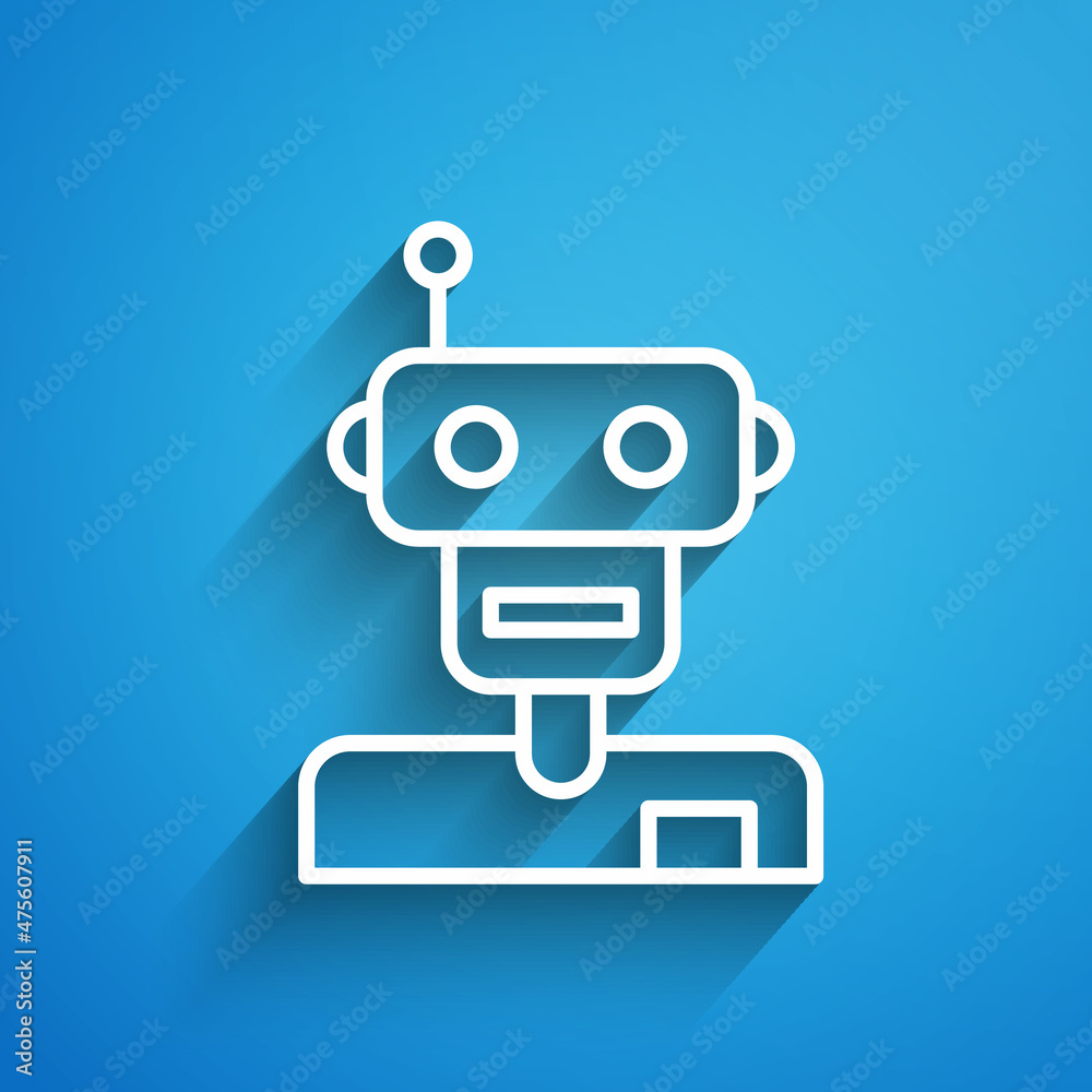 White line Robot icon isolated on blue background. Long shadow. Vector White line Robot icon isolated on blue background. Long shadow. Vector