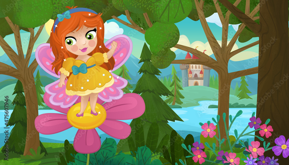 Naklejka premium cartoon scene with nature forest princess and castle