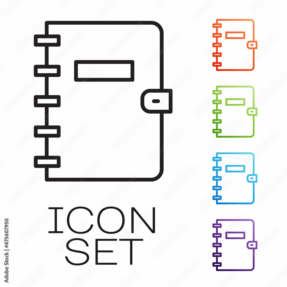 Black line Notebook icon isolated on white background. Spiral notepad icon. School notebook. Writing pad. Diary for school. Set icons colorful. Vector Black line Notebook icon isolated on white background. Spiral notepad icon. School notebook. Writing pad. Diary for school. Set icons colorful. Vector