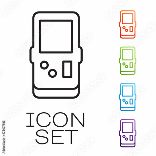 Black line Portable tetris electronic game icon isolated on white background. Vintage style pocket brick game. Interactive playing device. Set icons colorful. Vector