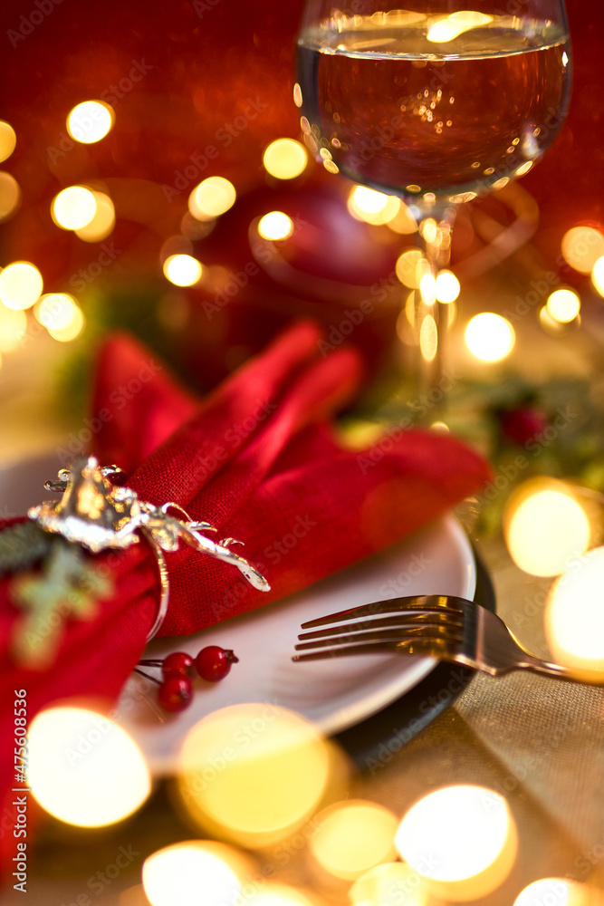 Traditional Christmas table place setting. Holidays background.