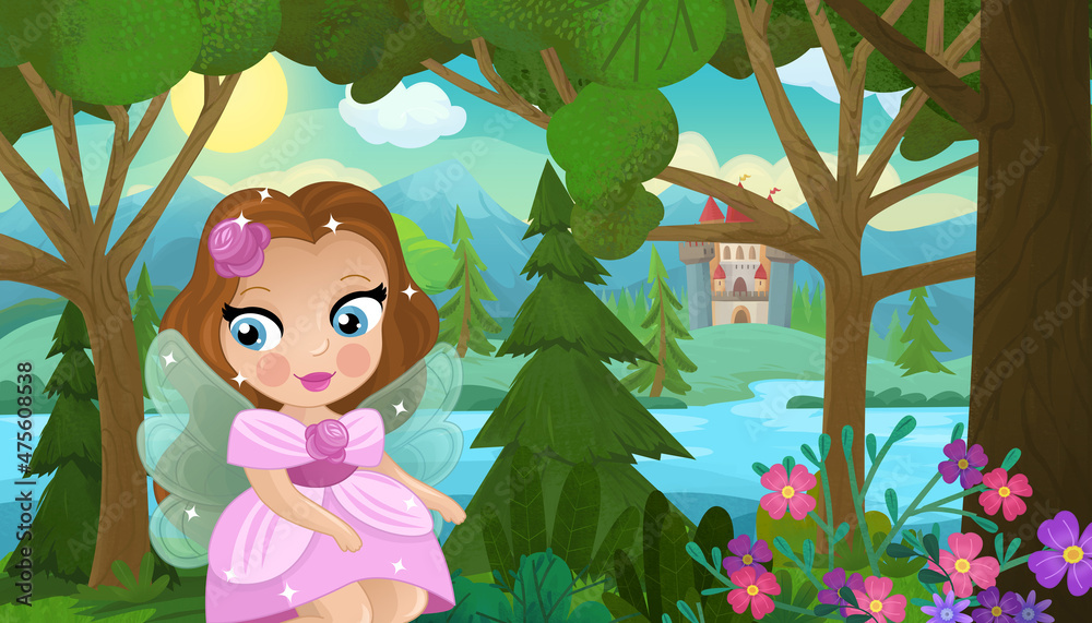 cartoon scene with nature forest princess and castle cartoon scene with nature forest princess and castle