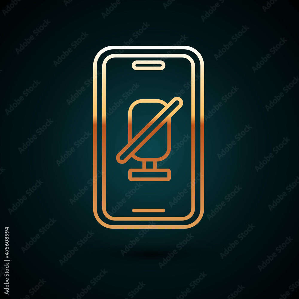 Gold line Mute microphone on mobile phone icon isolated on dark blue background. Microphone audio muted. Vector Gold line Mute microphone on mobile phone icon isolated on dark blue background. Microphone audio muted. Vector