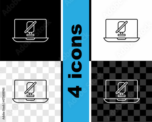 Set line Mute microphone on laptop icon isolated on black and white, transparent background. Microphone audio muted. Vector