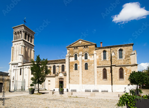 Saint-Apollinaire Cathedral in summer with blue sky in Valence, Drome, France