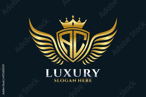 Luxury royal wing Letter RC crest Gold color Logo vector, Victory logo, crest logo, wing logo, vector logo template.