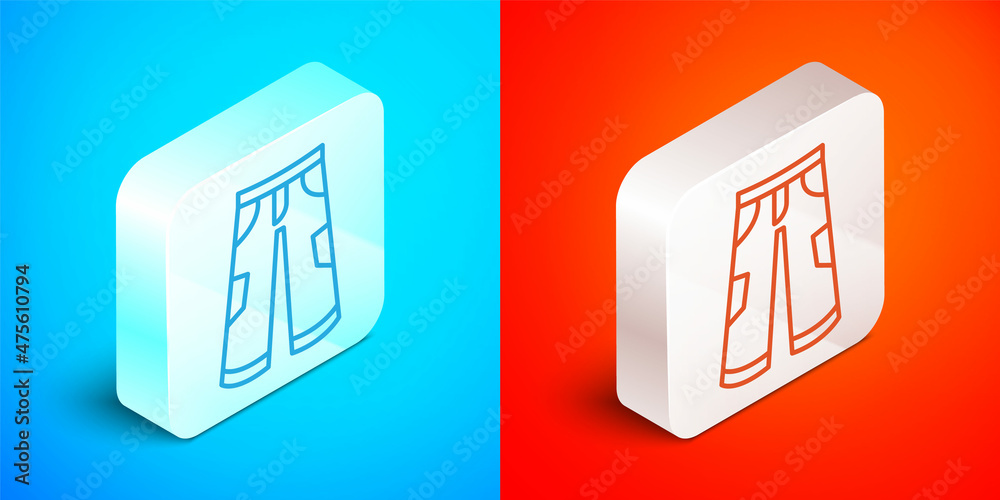 Isometric line Pants icon isolated on blue and red background. Trousers sign. Silver square button. Vector Isometric line Pants icon isolated on blue and red background. Trousers sign. Silver square button. Vector