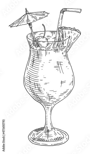 Pina colada cocktail with slice pineapple and straw. Vintage hatching