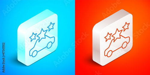 Isometric line Car sharing icon isolated on blue and red background. Carsharing sign. Transport renting service concept. Silver square button. Vector