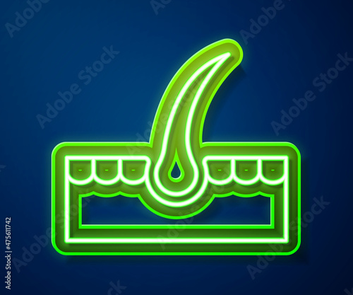 Glowing neon line Human hair follicle icon isolated on blue background. Hair care treatment. Vector