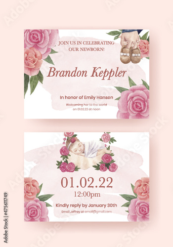 Baby shower card template with newborn baby concept,watercolor style