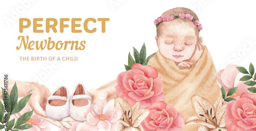 Billboard template with newborn baby concept,watercolor style