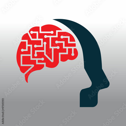 Human brain as digital circuit board. Artificial intelligence icon. Techno human head logo concept creative idea.