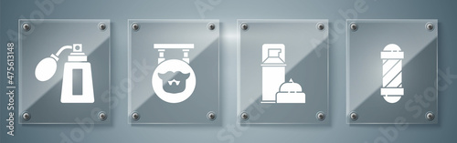 Set Classic Barber shop pole, Shaving gel foam, Barbershop and Aftershave bottle with atomizer. Square glass panels. Vector