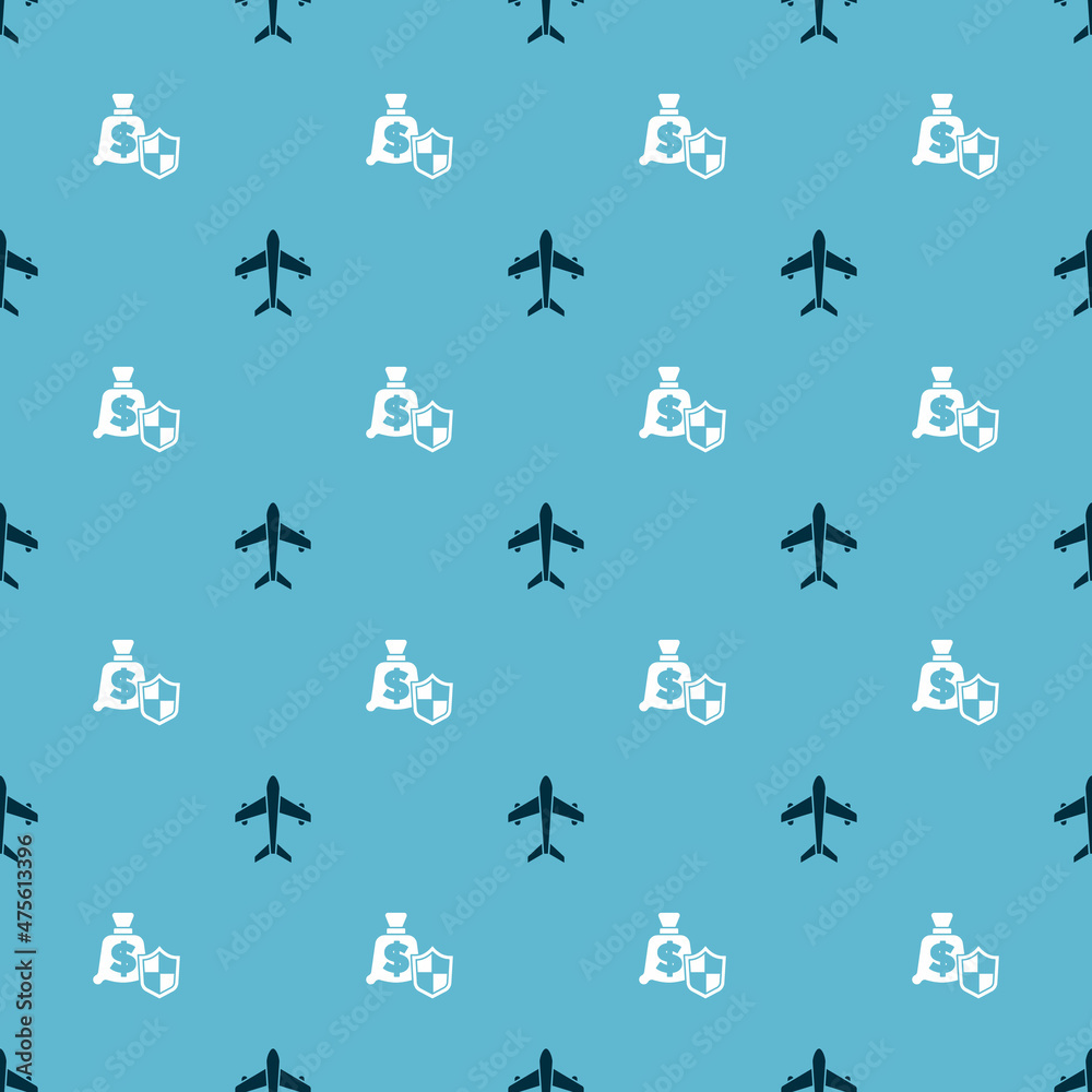 Set Plane and Money with shield on seamless pattern. Vector