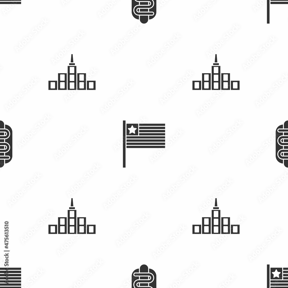 Set Hotdog sandwich, American flag and City landscape on seamless pattern. Vector
