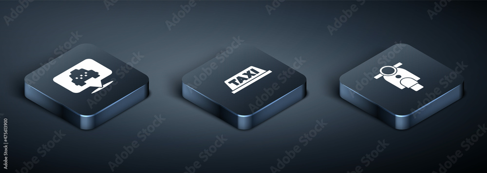 Set Isometric Location with taxi, Scooter and Taxi car roof icon. Vector Set Isometric Location with taxi, Scooter and Taxi car roof icon. Vector