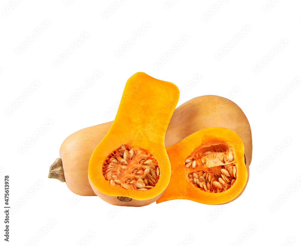 whole and sliced raw butternut squash isolated on white background. whole and sliced raw butternut squash isolated on white background.