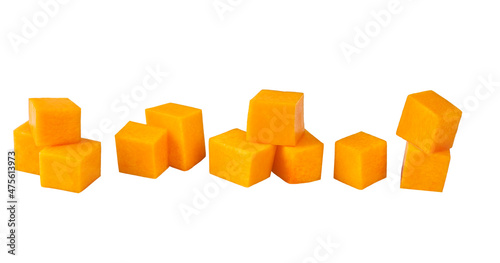 Diced butternut squash isolated on white background.