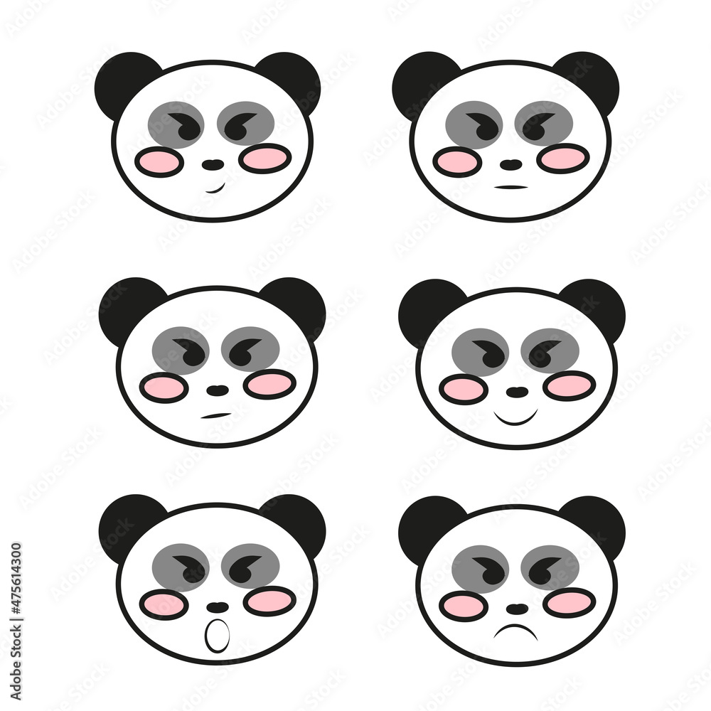 Set of 6 pandas with different emotions, funny simple stickers. Set of 6 pandas with different emotions, funny simple stickers.